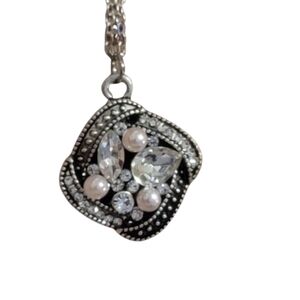 Marcasite Square Clear Crystal White Faux pink pearl silver tones rhinestones